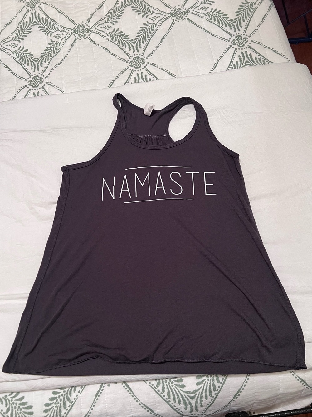 Bella Canvas Dark Grey Racerback Tank Top with White "NAMASTE" Print